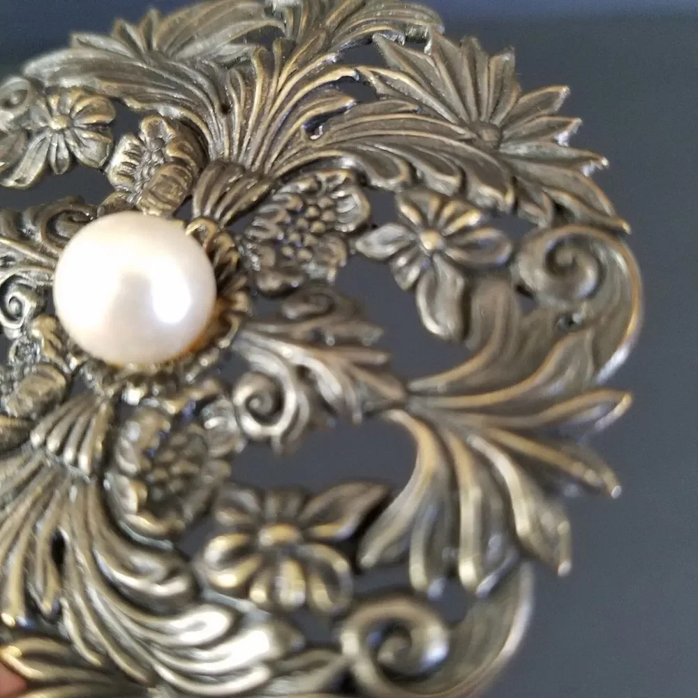 Vintage Large Floral Faux Pearl Brass Shield Brooch Pin